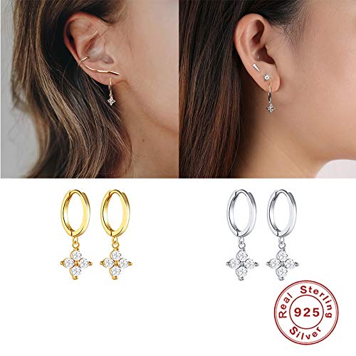 ISCBAFYX 2 ück 925 Sterling Silber hängende Creolen für Frauen, Blitz, Honigbienenauge, Tier-Charme, Kleiner Creolen-Ohrring yc702 (Gem Color: 1)