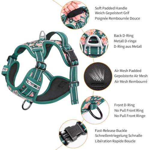 Image of HEELE Dog Harness, Reflective, No Pull No Choke, Flower Grass Green, S | Front Clip for Small Dog Harness, 2 Metal Rings with Handle, Adjustable, Soft Breathable Padded Pet Vest for Night Walking