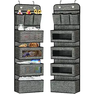 Over The Door Hanging Organizer Storage with 4 Large Pockets and 3 Mini Pockets-Over Door Pantry Organizer with Mesh Windows and 2 Metal Hooks for Bathroom,Diapers,Nursery,Closet,Bedroom(Black)