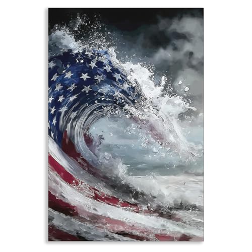 Image of American Flag Canvas Wall Art, 4th of July Patriotic Poster Print, USA Flag Ocean Waves Abstract Picture, Modern Independence Day Wall Decor for Bedroom Living Room 24x36in Unframed