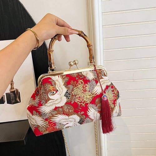 Pochette de soirée style chinois de luxe brodée grue et anse bambou