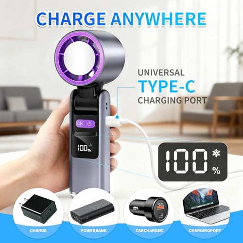 Image of LETOUR Portable Turbo Handheld Fan, Built-in 4000mAh Large Battery for Up to 12H Runtime, 10000RPM Powerful Wind, 5 Adjustable Speeds with LED Digital Display & Built-in Emergency Light