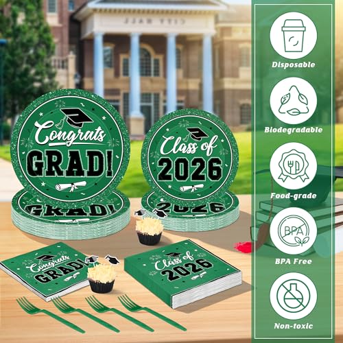 Image of QZYL 200Pcs Graduation Party Supplies, Green Graduation Plates and Napkins, Disposable Grad Dessert Plates and Plastic Forks, Grad Party Decorations for 50 Guests