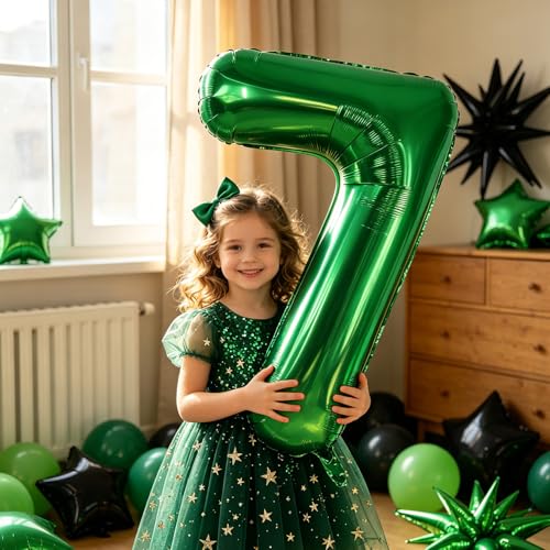 Image of TONIFUL 7th Birthday Balloons 40 Inch Green Large Number 7 Foil Balloon 18 Inch Helium Mylar Heart Star Shaped Ballons for Boys Men Birthday Anniversary Graduation New Year Eve Party Decoration