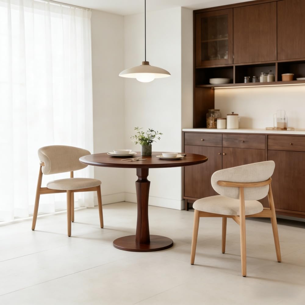 ZimNo Modern Wooden Dining Chairs Set of 2, Wood Arm Beige Upholstered Chairs, Kitchen Cafe Living Room Decor Furniture, Farmhouse Dining Room Chair with Foot Pegs