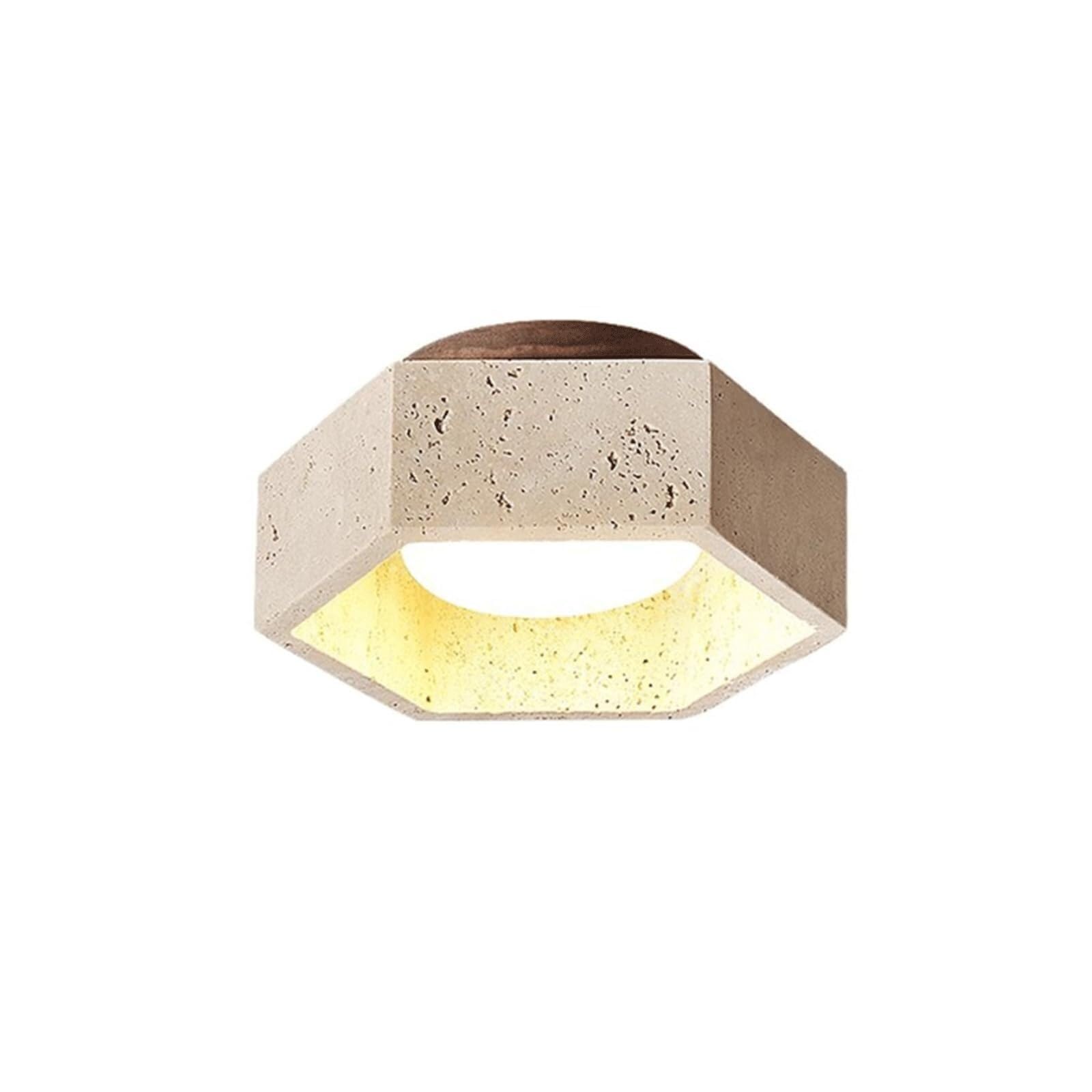 BKEKM Flush Mount Ceiling Light,Natural Stone Ceiling Lamp with Wood Base,Japanese Style Wabi-Sabi Hexagon Travertine Stone Light Fixture