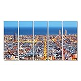 rápido y seguro de envío! islandburner Cuadro Horizonte de Barcelona, ??Vista aérea en la Noche, España Impresión sobre Lienzo - Formato Grande - Cuadros Modernos JNU