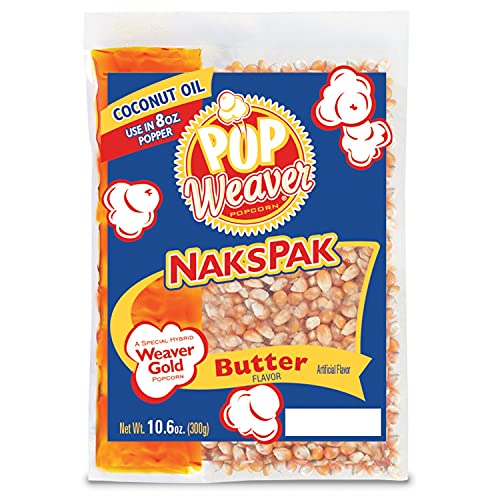 Pop Weaver Naks Pak - 10.6oz Butter Flavored Coconut Oil and Popcorn Pack - For Use in 8oz Popper Popping Machine - Case of 24