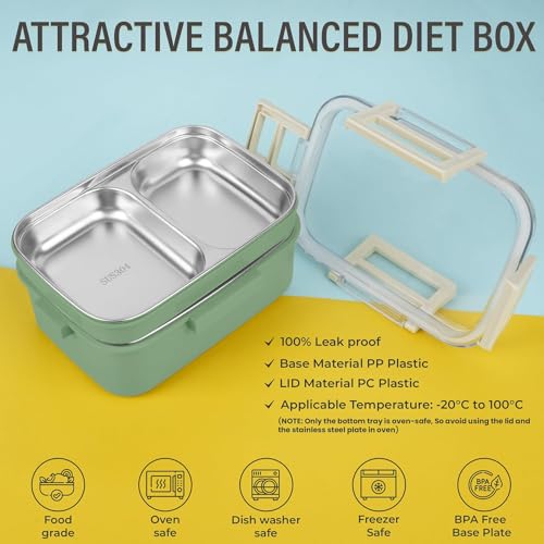 Image of ABOUT SPACE Lunch Box - 2 Tier Compartment 1200ml Insulated Tiffin Box with Silicon Gaskets Lid, No Leak-Proof Diet Food Partition Stainless Steel Bento Box for Men,Women,Kids - Green