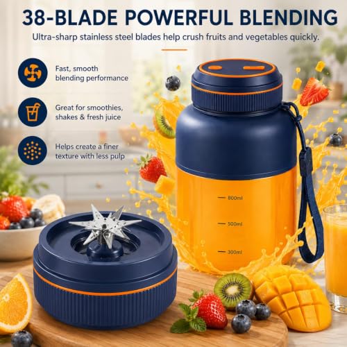 Image of Portable Cordless juicer cup, 44oz Portable Blender for Shakes and Smoothies with Leakproof Travel Lid, Stainless Steel Blades, Compact Juicer Cup for Gym, Office, Travel & Home (Blue*2)