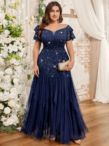 MISSMAY Women's Plus Size V-Neck Off Shoulder Sequin Lace Tulle Mermaid Evening Wedding Dress3