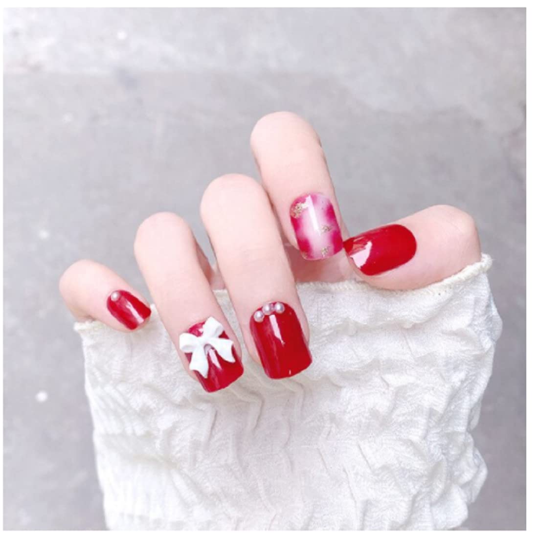 VIKSON INTERNATIONAL 24 Pcs DEEP RED White BOW PEARL UV GEL finish French Tip Artificial Nail Extension All Size Nails