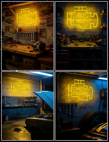 Image of Check Engine Neon Sign for Man Cave Wall Decor, LED Light Up Garage Wall Art Sign for Car Room, Auto Repair Workshop Decor, Car Enthusiast (Check Engine)