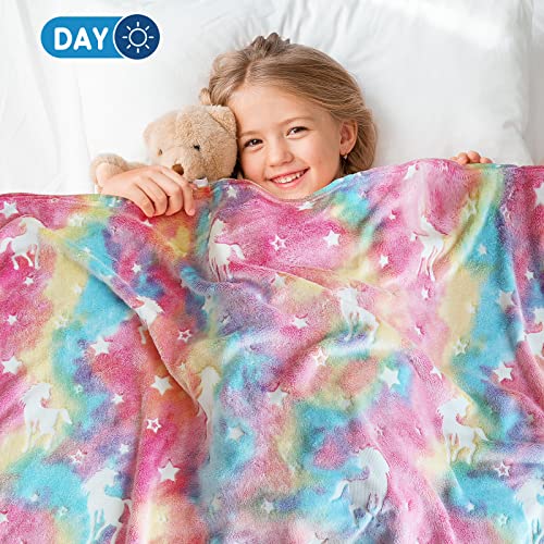 Ranedo Kuscheldecke Kinder 150cmx190 cm, Leuchtet im Dunkeln Einhorn Flanell Fleece Decke, Urlaub Geburtstagsgeschenke für Mädchen, Rosa