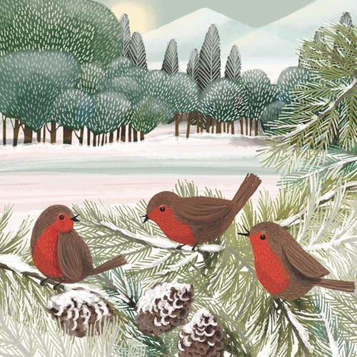 Set of 2 Individual Decoupage Paper Party Napkin Winter Robins Pines Snow Watercolor Decor Luncheon Napkins for a Birthday Holiday, Wedding, Cocktail Party
