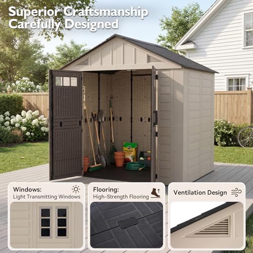 Image of LazySunsets 8x6 Ft Outdoor Storage Shed, Large Resin Outdoor Shed with Floor Included, Windows & Lockable Door, Garden Plastic Storage Sheds for Bike, Lawn Tools, Garbage Can