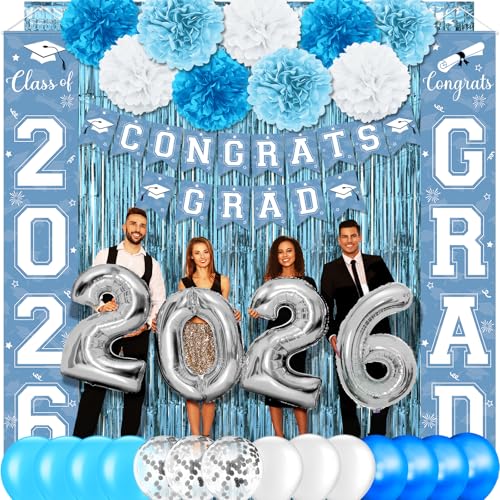 Image of Graduation Party Decorations Class of 2026, Graduation Decorations with Congrats Grad Banner Fringe Foil Curtain Paper Flower Ball Balloon for High School College Graduation Party Supplies, Light Blue