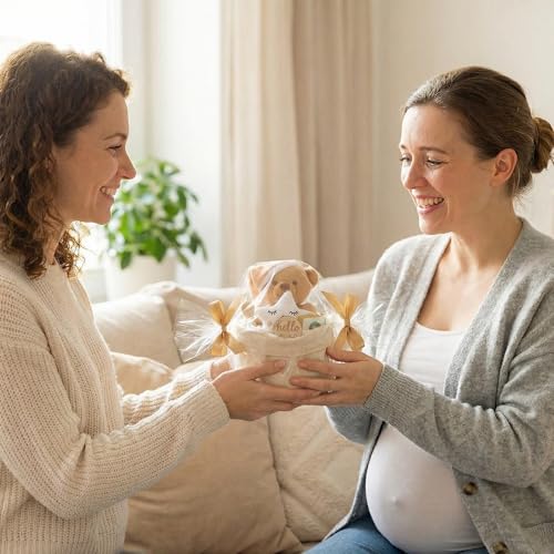 Windeltorte Mädchen & Junge mit Kuscheltier - Boho Windeltasche [Handmade] – Baby Geschenk zur Geburt mit Babylöffel, Premium Windeln & Bio-Tee – Windeltorte Neutral & für Babyparty