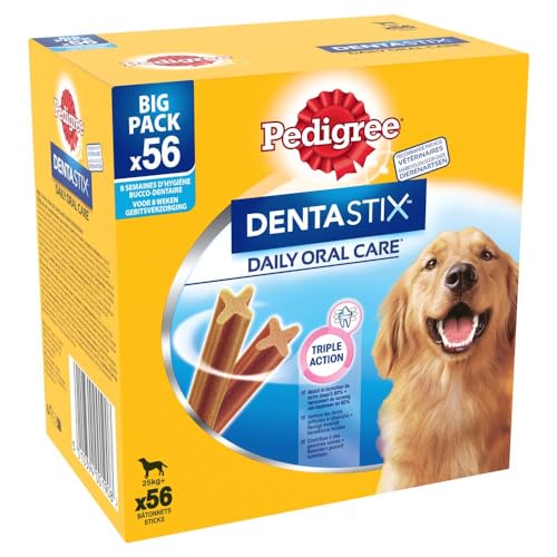 PEDIGREE DENTASTIX Sticks Dentaires pour Grand Chien +25kg - 56 Bâtonnets à Mâcher (Lot de 8 Sachets de 7 Friandises) - Hygiène Bucco-dentaire, Scientifiquement Prouvé, Nettoyage au Quotidien