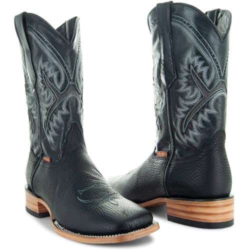 Soto Boots Men's Black Square Toe Cowboy Boots, Genuine Leather Men's Cowboy Boots, Black Western Boots For Men H50040