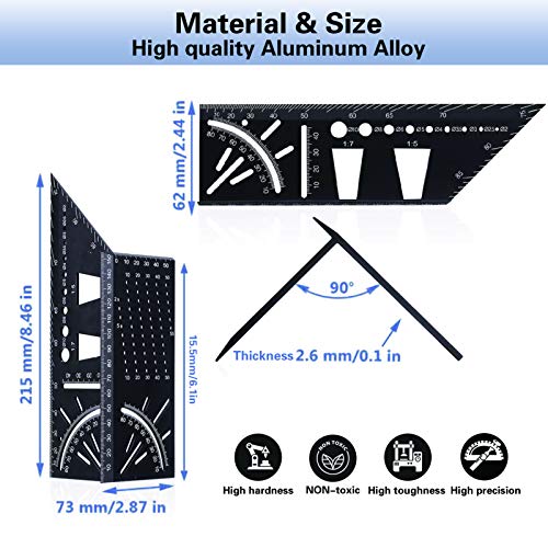 ZOTA 2PCS Woodworking Tools, 3D Mitre Angle Measuring Ruler-Aluminum Alloy Carpentry Tools -45/90 Degree Angle T Ruler with Punctuation Marking Gauge & Hole Scribing wood working gift for Men