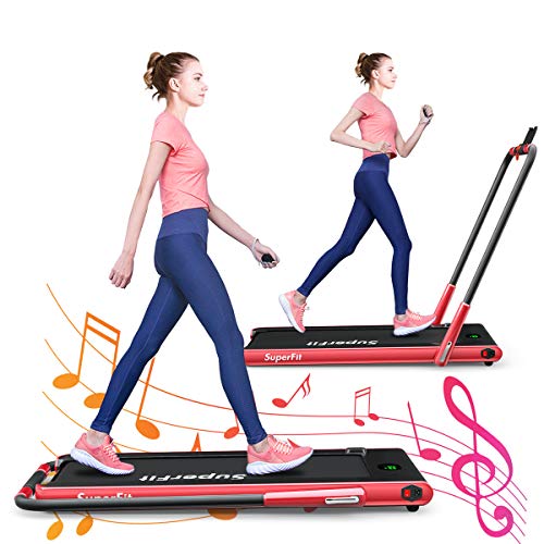 GYMAX Folding Treadmill, 2 in 1 Under Desk Electric Running Machine with Bluetooth & LED Screen, Portable Walking Machine for Home, Office, Gym (Red)