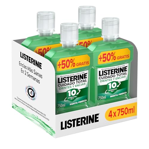 Listerine Protección Dientes y Encías, pack de 4 x 750 ml, enjuague bucal con flúor, colutorio bucal con 24 horas de protección, elixir bucal para un aliento fresco duradero