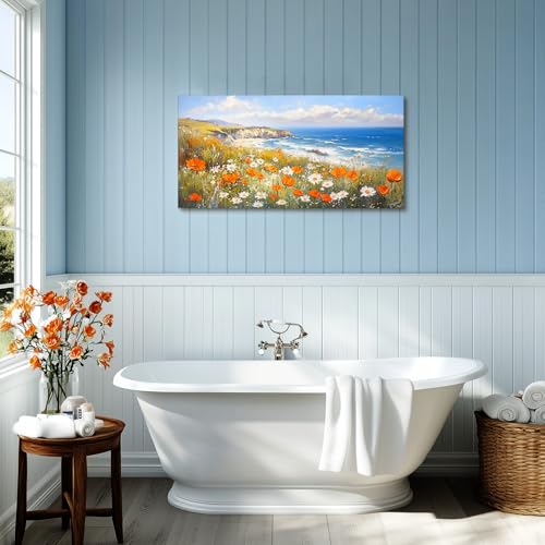 crmotu Coastal Wall Art, Flower Pictures Wall Decor, Large Landscape Wall Art, Seaside Wildflower Art Prints, Seascape Paintings for Living Room Bedroom Bathroom Kitchen Farmhouse Cottage 20x40inch