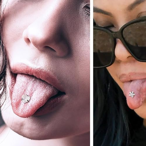6Pcs Surgical Steel CZ Tongue Rings Sparkling Round Heart Flower Pink Butterfly Tongue Barbell Tongue Piercing Jewelry for Women3