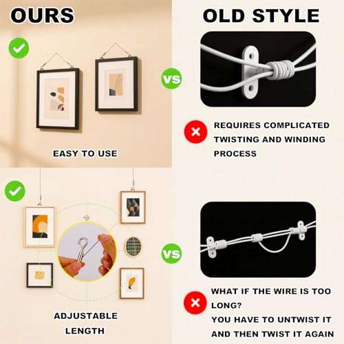 Image of Adjustable Picture Hanging Wire Kit, Supports up to 50lbs Include 4pcs Picture Hanging Wire Hanger Hardware & 8 D Rings & 16 Screws, for Art Pictures Mirrors Billboards Frame Canvas