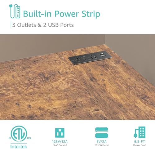 Lufeiya L Shaped Computer Desk with Drawers & Storage Shelves, 55 Inch Corner Desk with Power Outlet for Home Office Bedroom, L-Shaped Teen PC Gaming Desks with Fabric Drawer, Rustic Brown