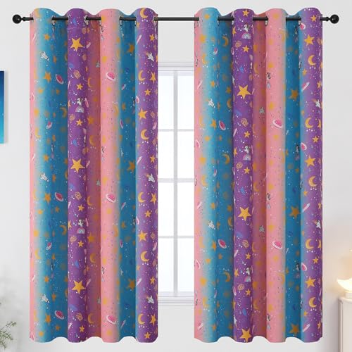 Image of Pink Purple and Grey Room Darkening Curtains 63 Inch Long for Girls Bedroom | Estelar Textiler Star & Moon Blackout Curtains for Kids Playroom,Unicorn Rainbow Grommet Window Drapes,52Wx63L,2 Panels