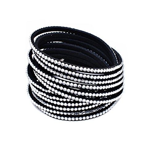 Barzel Leather Created Austrian Crystals Wrap Bracelets (Black with White Stones)