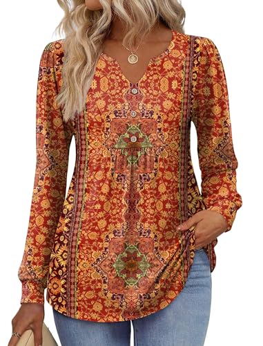 Image of Zeagoo Womens Long Sleeve Tops Fall V Neck Shirt Casual Pleated Tunic Top