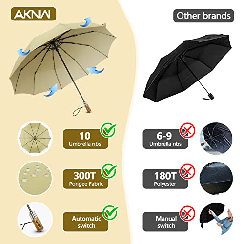 Aknw Portable Travel Umbrellas For Rain Windproof, 10 Ribs Auto Open Close Folding Umbrella With Wood Handle, Strong, Wind Resistant, Compact Small Umbrella For Backpack, Car, Khaki #TOP2