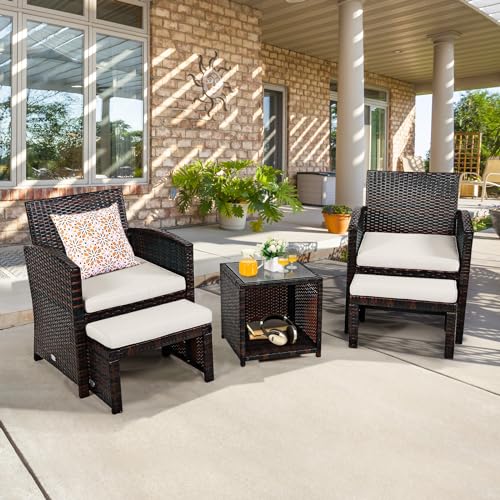 GIANTEX 5-delige set rotan tuinmeubelen, balkonmeubel, klein balkon, meubel, 2 rotanstoelen met kruk, tuinloungeset, terrasmeubels met tafel, tuinset, meubels (wit kussen) - Afbeelding 3