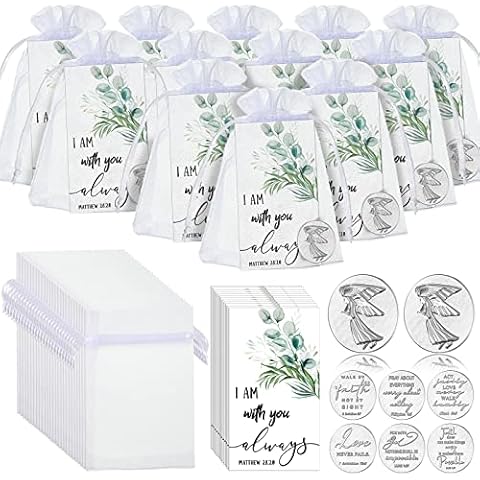 72 Pcs Memorial Angel Sign Coins Set Includes Pocket Angel Tokens Coins Inspirational Christian Bible Verb Quotes Angel Charm with I Am with You Always Cards and White Organza Bags for Home Family Cover