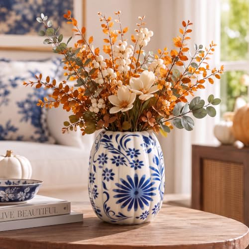 Rtteri 7 Inch Fall Ceramic Pumpkins Vase, Blue and White Chinoiserie