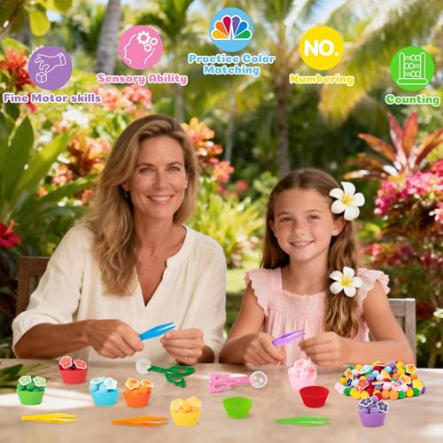 Image of EZdhuawuse Summer Sensory Bin Fillers - 304Pcs Hawaii Flower Fine Motor Toys Counting Sorting for Kids, Felt Colorful Hawaii Flower Pom Poms Cup Clip for Preschool Education Birthday Gift Party Favors