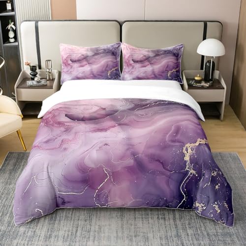 Marbre Texture Housse de Couette 100% Coton Bio Garçon Fille,Noir Tie & Dye Parure de Lit 220x240,Ensemble de Literie en Marbre Violet Foncé Doux,Art...