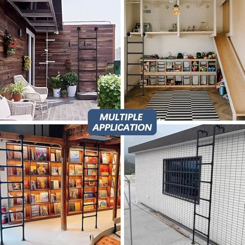 Black Wall Mounted Loft Ladder 4ft-9ft for Apartments, Dorms & Decks - Straight Round Iron Pipe Design, Easy Installation for Basement Egress Window Well