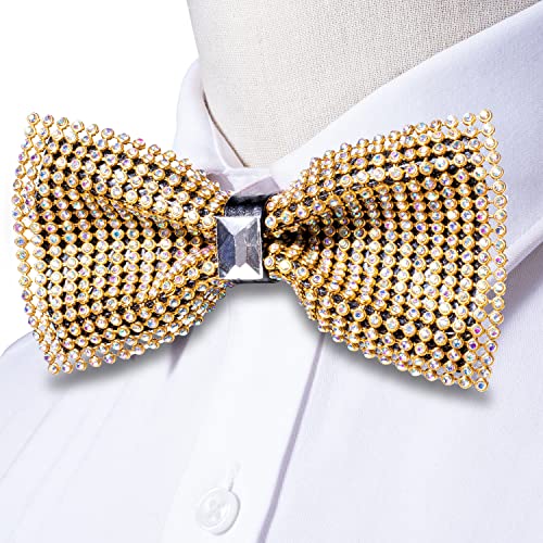 Image of Hi-Tie Pretied Bow Ties for Men Wedding Formal Bow Tie Handkerchief Cufflinks Lapel Pin Set Party Formal Mens Bowtie Set, Crystal Gold, Medium