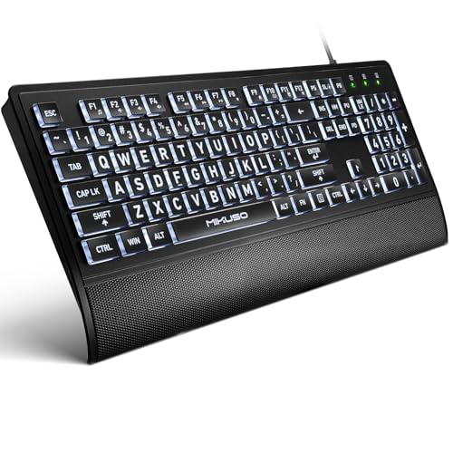 MIKUSO Large Print Backlit Computer Keyboards with Cover, Wired Keyboard White LED Illuminated, Wrist Rest,Numeric Keypad,Big Key USB Corded 104 Full Size.Easy to Read Type for Laptop, PC, Desktop