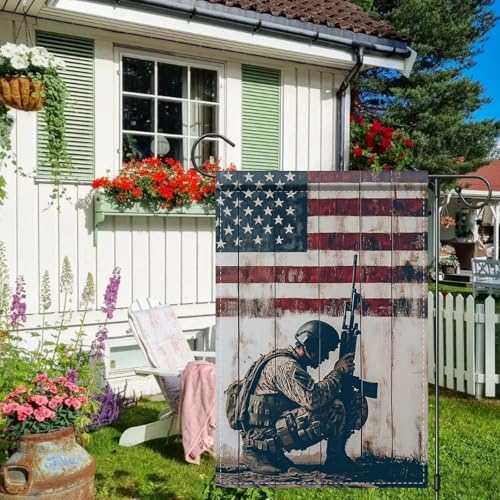 Image of Nuxovilar Kneeling Soldier Veteran Garden Flag 12x18 Inches Polyester | Patriotic Flag, Military Banner soldier garden sign, veterans memorial display porch, lawn, patio (Kneeling Soldier)
