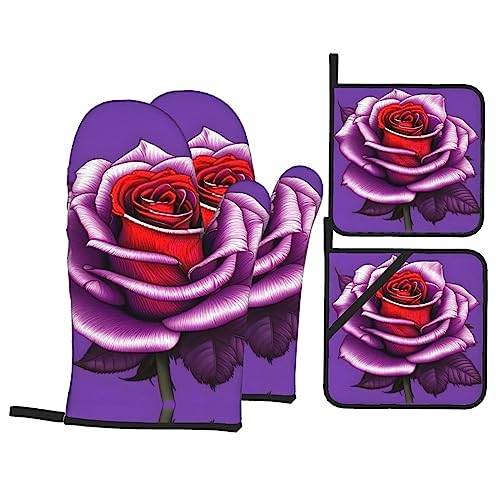 RRKDOY Juego de 4 manoplas de horno con estampado de rosa fucsia para hornear de cocina, impermeables, resistentes al calor y duraderos