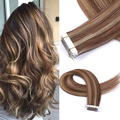 Cute Fairy Tape In Human Hair Extensions Full Cuticle Seamless Straight Tape Hair Extensions 40g 20Pcs/Pac Dark Brown Highlight with Caramel Blonde Hair Extensions Human Hair 20 inches