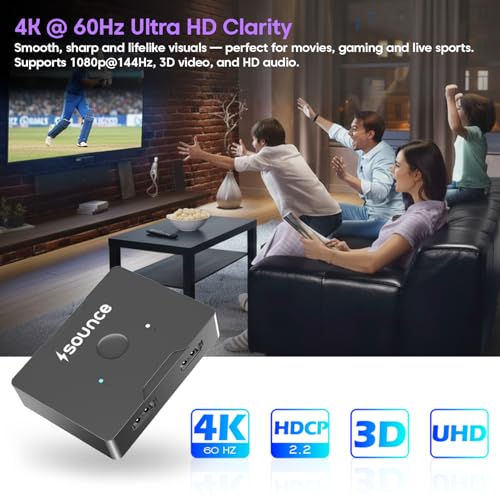 Image of Sounce Premium High-Speed Bi-Directional HDMI 2.0 Switch 2 in 1 Out 4K 60Hz Splitter Supports 3D HDCP 2.2 for PS5 PS4 Xbox Series X /S Blu-Ray Player TV Stick HDTV Projector and PC Monitor Black
