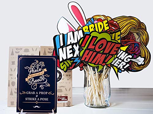 Wedding Photo Booth Props Kit - 38 Pieces With Wooden Sticks - Engagement, Birthday Party, Wedding Shower, Bridal Shower Photo Booth Props - Carpediem Party Prop Essential Vol.1 #TOP1