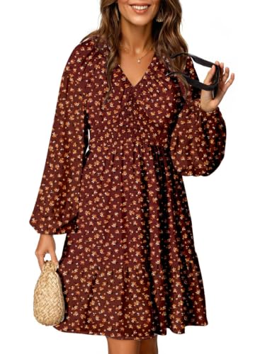 Image of Dokotoo Womens Dresses Boho Floral V Neck Long Sleeve Smocked Elastic Waist Casual A-Line Mini Dress Sundress