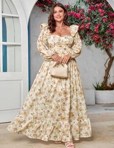 Women's Floral Puff Long Sleeve Maxi Dress Sexy Sweetheart Corset Boho Chiffon Flowy Smocked Long Dresses3